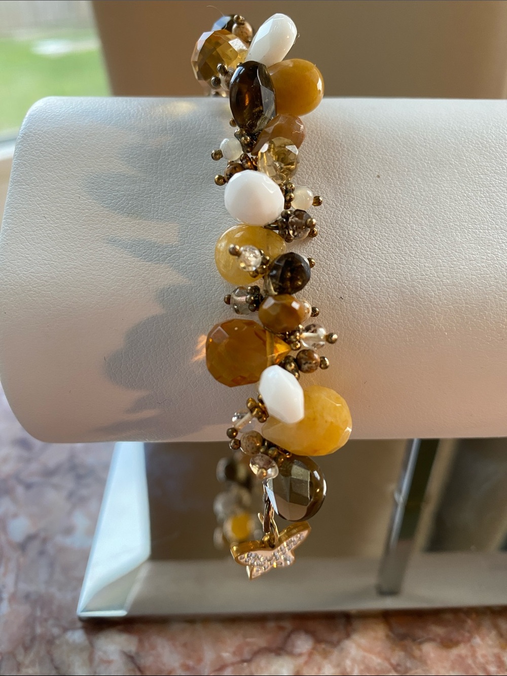 Chunky Cluster Beaded Bracelet Amber/White Smokey Quartz Tone  & Butterfly Charm